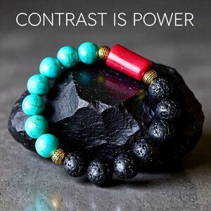 Sexy Stretch Bracelet: Red Coral + Turquoise Howlite + Black Lava Rock Beads